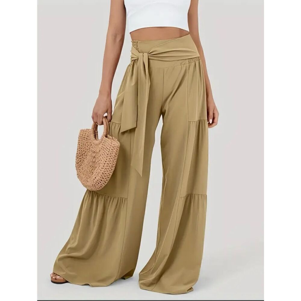 NWT Gorgeous L High Waisted Tan Beige Tie Front/Back Wide Leg Flowy Tiered Pants